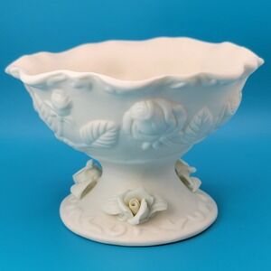 Vtg Hermitage Bisque Porcelain Pedestal Compote Candy Dish Roses Cottage 1998